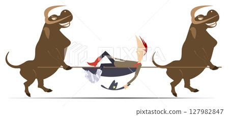 Injured farmer or cowboy. Two bulls with stretcher. Two cartoon bulls carry injured farmer or cowboy with bandage on the leg in a stretcher 127982847