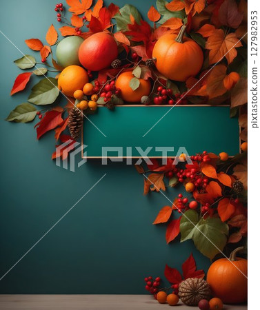 Autumn theme sign with fruits, leaves, and citrus keywords Autumn theme sign with fruits, leaves, and citrus keywords 127982953