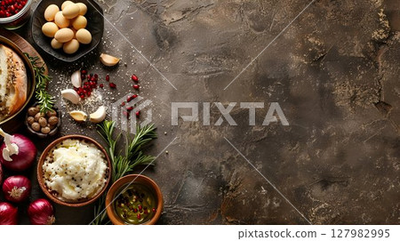 A variety of food items are displayed on the table 127982995