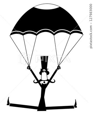 Cartoon skydiver man in the top hat. Skydiver man in the top hat derives enjoyment from jumping. Isolated on white background Cartoon skydiver man in the top hat. Skydiver man in the top hat derives enjoyment from jumping. Isolated on white background 127983000