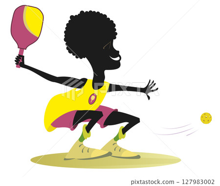 Smiling African man playing pickleball. Smiling young African man plays pickleball.. White background 127983002
