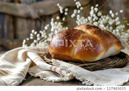 A loaf of bread is placed on a table near some flowers A loaf of bread is placed on a table near some flowers 127983035