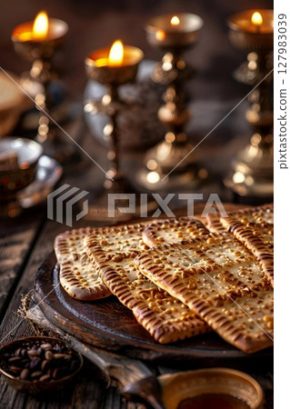 A wooden cutting board topped with crackers and lit candles on it 127983039