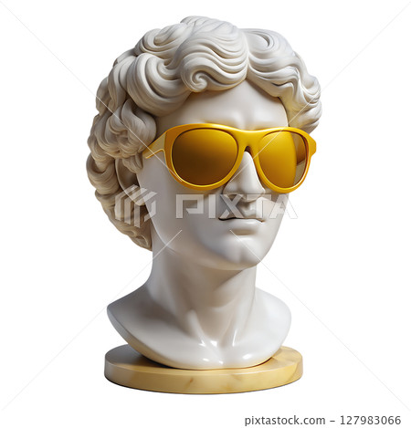 Apollo statue with yellow sunglasses 3d on transparent background, humorous classical art 127983066