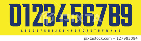 Font Logo Numbers Numeric Alphabet Typography Design Vector Type Typeface. Bold Narrow digits for sports jerseys, school league branding, fan posters, athletic visuals, team identity 127983084