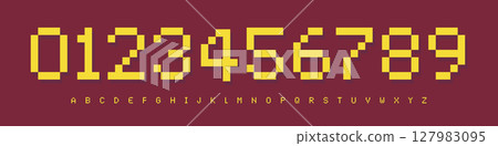 Pixel Alphabet Number Font in Retro 8-Bit Style Blocky Characters for Arcade Games, Tech, Digital Scoreboard Timer. Modern Pixel Typeface. Vector Illustration 127983095