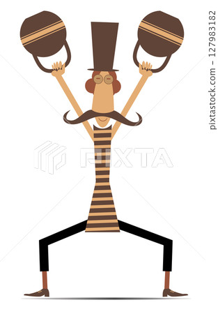 Sportsperson. Weightlifter. Kettlebell. Man does exercises with the heavy sports kettlebell. Funny mustache man in the top hat and striped cloth lifting heavy kettlebells with two hands Sportsperson. Weightlifter. Kettlebell. Man does exercises with the heavy sports kettlebell. Funny mustache man in the top hat and striped cloth lifting heavy kettlebells with two hands 127983182