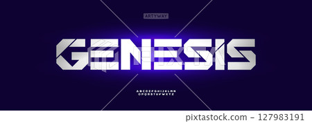 Futuristic geometric alphabet, bold cyber font, robotic typographic symbol for sci-fi gaming logo, virtual tech lettering title. Digital techno typographic design. Vector typeset 127983191