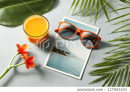 Vibrant summer scene featuring orange sunglasses, tropical drink, and a postcard on a textured surface surrounded by lush green leaves and colorful flowers 127983203