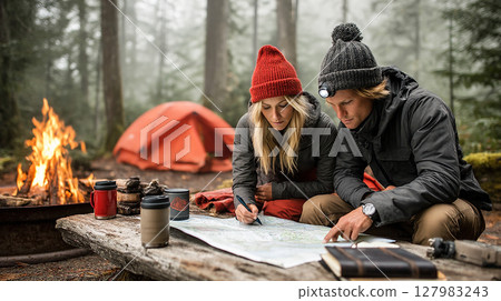 Campers studying map together at campsite with tents and campfire, surrounded by tall trees in a misty forest, showcasing outdoor adventure and teamwork 127983243