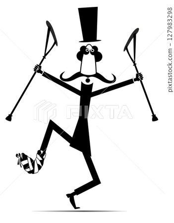 Happy to be healthy. Cartoon man with a bandage on the leg and a crutches. Cheerful long mustache gentleman in the top hat with a bandage on the leg dancing with crutches in both hands. Happy to be healthy. Cartoon man with a bandage on the leg and a crutches. Cheerful long mustache gentleman in the top hat with a bandage on the leg dancing with crutches in both hands. 127983298