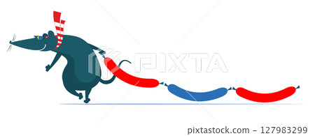 Happy rat or mouse dragging sausages. Funny rat or mouse stealing three appetite sausages. Isolated on white background Happy rat or mouse dragging sausages. Funny rat or mouse stealing three appetite sausages. Isolated on white background 127983299