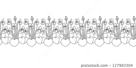 Stripe pattern with black and white line art canary islands flowers blue violet. Floral seamless border with monochrome hand drawn millefleur 127983304