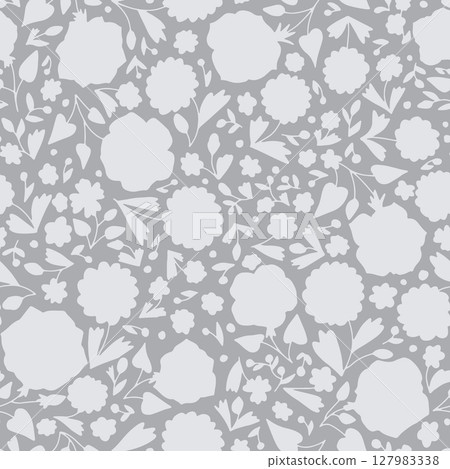 Monochrome gray and white ditsy floral silhouettes seamless pattern 127983338