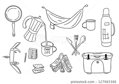 Camping gear and essentials hand drawn in black outline style, including cookware, hammock, and outdoor tools Camping gear and essentials hand drawn in black outline style, including cookware, hammock, and outdoor tools 127983388