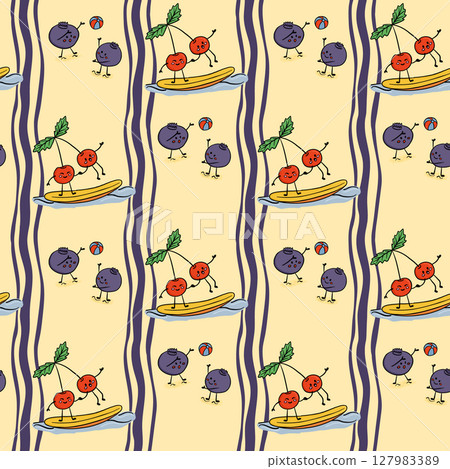 Cute hand drawn seamless pattern with cherries and blueberries playing on the beach, surfing and playing ball 127983389