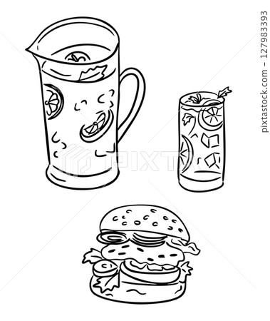 Hand drawn vector of picnic food including burger, pitcher of lemonade, and glass with ice and citrus slices 127983393