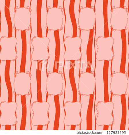 Hand drawn seamless pattern with decorative frames and wavy vertical stripes in pink and red tones. Concept of vintage design 127983395
