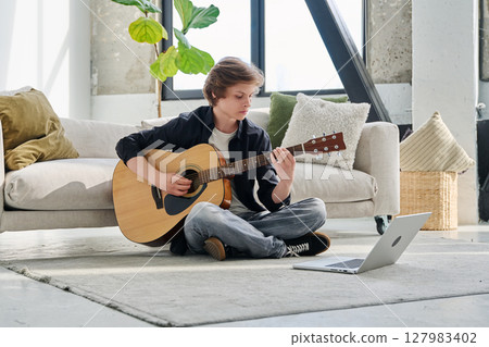 Teenage boy with acoustic guitar and laptop, having online music lesson Teenage boy with acoustic guitar and laptop, having online music lesson 127983402