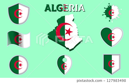 Collection of flat national flags of Algeria with map 127983498
