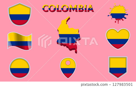 Collection of flat national flags of Colombia with map 127983501