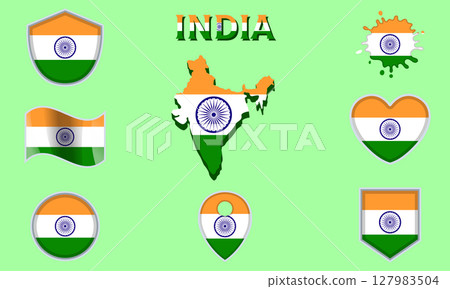 Collection of flat national flags of India with map 127983504
