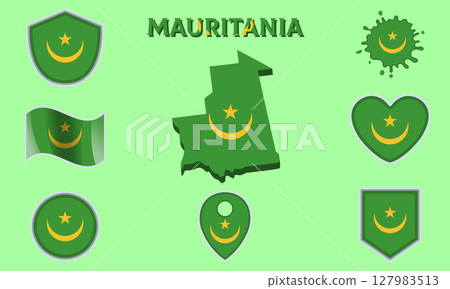 Collection of flat national flags of Mauritania with map 127983513
