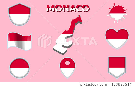 Collection of flat national flags of Monaco with map 127983514