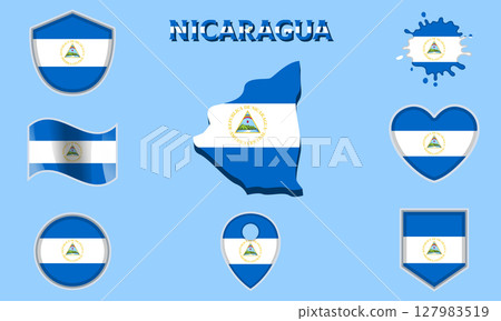 Collection of flat national flags of Nicaragua with map Collection of flat national flags of Nicaragua with map 127983519
