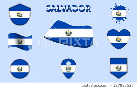 Collection of flat national flags of Salvador with map 127983525