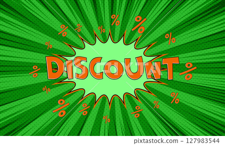 Vector green advertising banner with text discount in pop art comics style 127983544