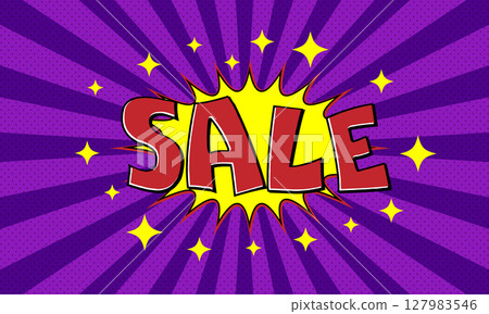 Vector purple advertising banner with text sale in pop art comics style 127983546
