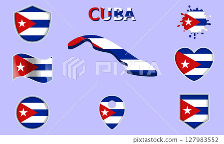 Collection of flat national flags of Cuba with map 127983552