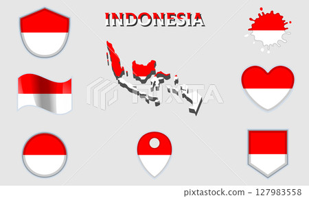 Collection of flat national flags of Indonesia with map 127983558