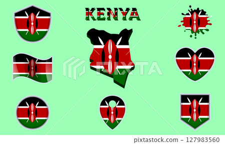 Collection of flat national flags of Kenya with map 127983560