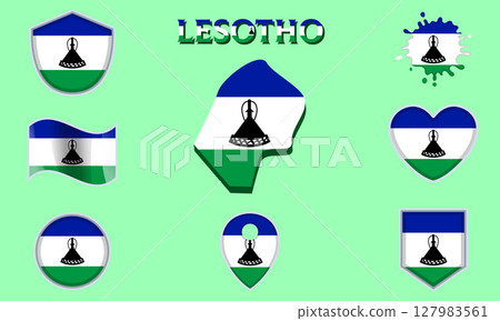 Collection of flat national flags of Lesotho with map 127983561