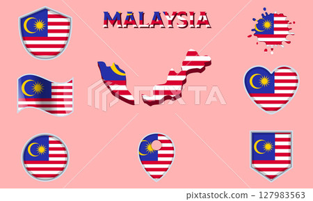 Collection of flat national flags of Malaysia with map 127983563