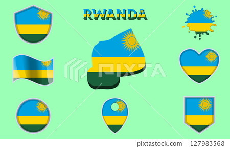 Collection of flat national flags of Rwanda with map 127983568