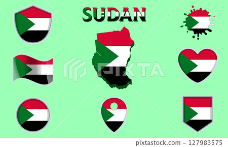Collection of flat national flags of Sudan with map 127983575