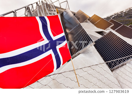 Solar panels on Utsikten viewpoint, Norway 127983619