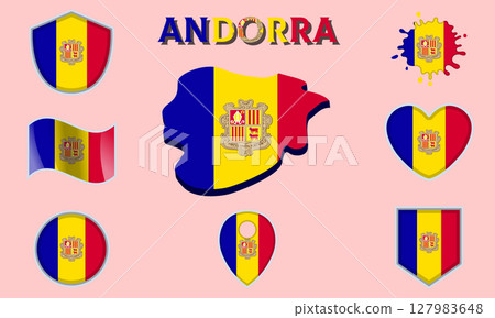 Collection of flat national flags of Andorra with map Collection of flat national flags of Andorra with map 127983648