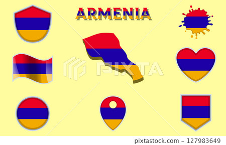 Collection of flat national flags of Armenia with map 127983649