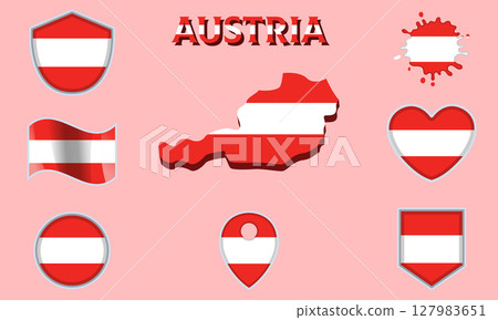 Collection of flat national flags of Austria with map Collection of flat national flags of Austria with map 127983651