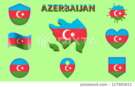 Collection of flat national flags of Azerbaijan with map 127983652
