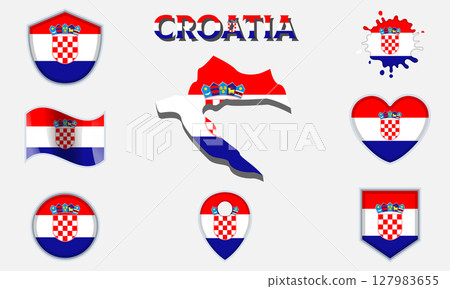 Collection of flat national flags of Croatia with map Collection of flat national flags of Croatia with map 127983655