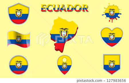 Collection of flat national flags of Ecuador with map 127983656