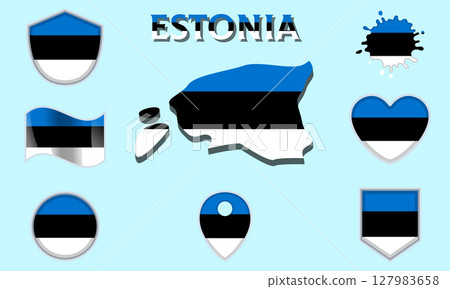 Collection of flat national flags of Estonia with map 127983658