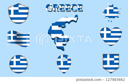 Collection of flat national flags of Greece with map 127983662