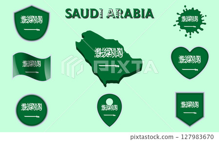 Collection of flat national flags of Saudi Arabia with map Collection of flat national flags of Saudi Arabia with map 127983670