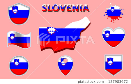 Collection of flat national flags of Slovenia with map 127983672